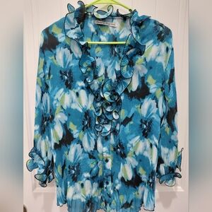 Larry Levine Blue Floral Ruffled Button-Front Blouse Sz L #0588